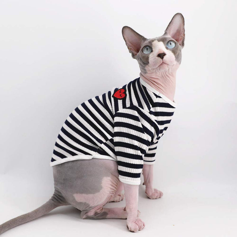 [Australia] - Stripes & Heart Sphynx Hairless Cat Cute Breathable Summer Cotton T-Shirts Pet Clothes,Round Collar Vest Kitten Shirts Sleeveless, Cats & Small Dogs Apparel XL (8.8-11 lbs) Blue 