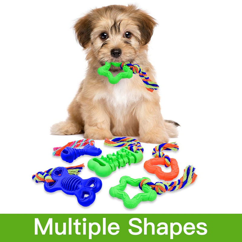 [Australia] - PUPTECK Puppy and Small Dog Chew Toys with Soft Rope - 6 Pack Safe Natural Rubber Toys for Teething Cleaning, Interactive Outdoor Game, Cute and Durable, Orange Green Blue 