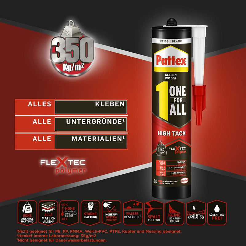 Pattex One For All High Tack, high-quality assembly adhesive, strong adhesive for all surfaces, flexible and powerful all-purpose adhesive, 1 x 440g cartridge white 440 g - High Track - PawsPlanet Australia
