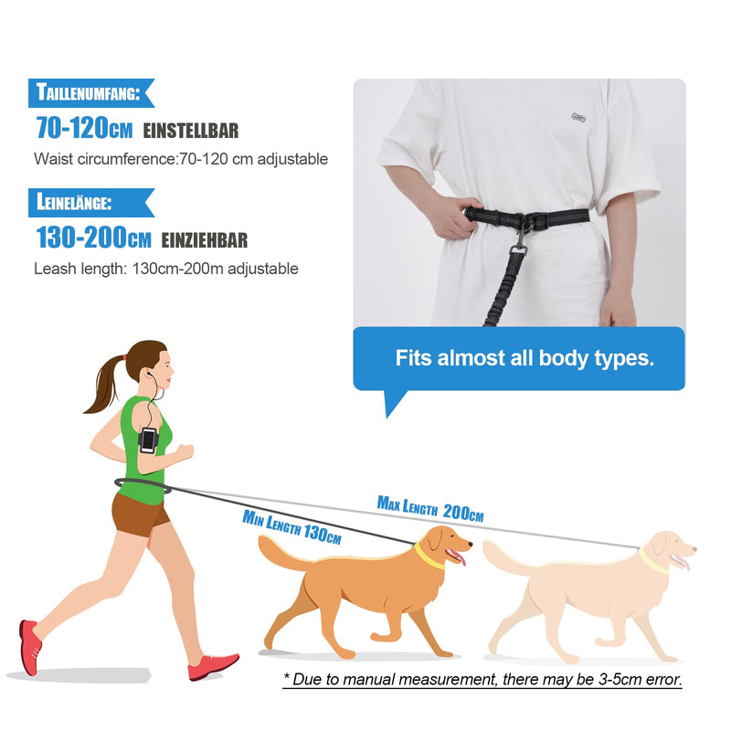 Snocyo jogging leash for dogs, jogging dog leash for medium and large dogs, elastic and reflective dog leash, retractable leash with double handle and waist belt for one dog, black and blue - PawsPlanet Australia