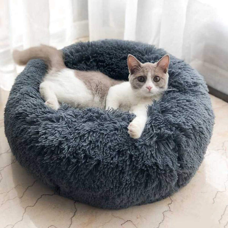 [Australia] - TINTON LIFE Luxury Faux Fur Pet Bed for Cats Small Dogs Round Donut Cuddler Oval Plush Cozy Self-Warming Cat Bed for Improved Sleep S 19.7x19.7x7.1" Dark grey 