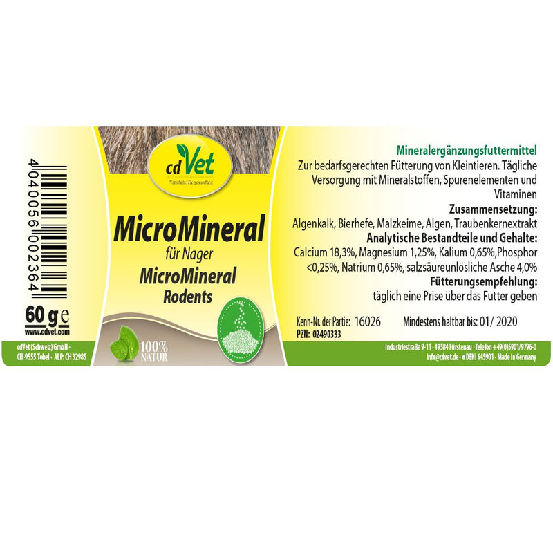 cdVet Naturprodukte MicroMineral Rodents 60 g - natural micronutrient supply - natural mineralization and vitamin coverage - relief detoxification organs - calcium - magnesium - - PawsPlanet Australia
