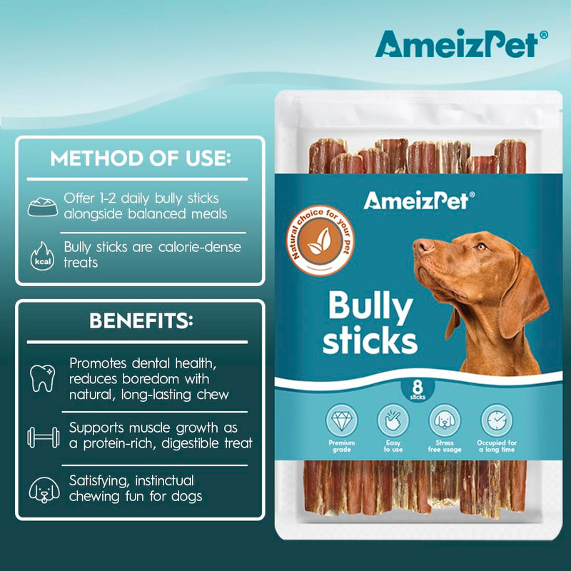 AmeizPet Bully Pizzle Sticks for Dogs and Puppies, Pack of 8, Chewing Sticks, Bully Pizzle Sticks for Dogs, Natural Toothed Bully Pizzle Sticks, Chew Snacks for Dogs for Training, 12 cm (4.7"), 8 Pieces (Pack of 1) - PawsPlanet Australia