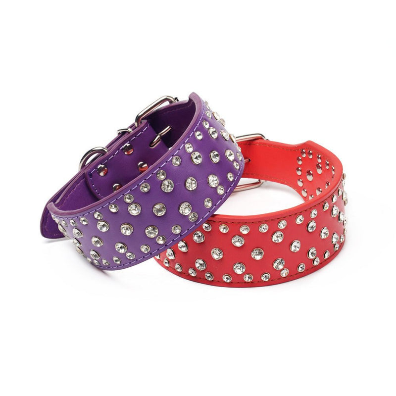 [Australia] - BTDCFY Rhinestones Dog Collars-2" Width Bling Crystal Diamond Studded Dog Collar PU Leather Pet Collar for Medium & Large Dogs XS(Neck 15"-18") purple 