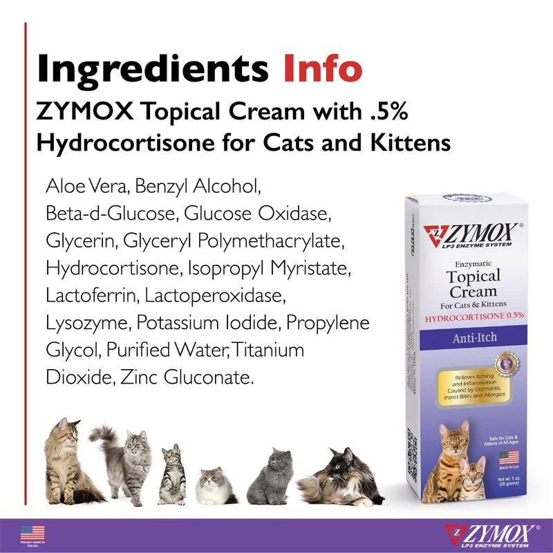 Zymox Enzymatic Anti-Itch Topical Cream with 0.5% Hydrocortisone for Cats & Kittens, 1 oz. – Multi-Purpose Cream for Hot Spots, Itchiness, Rashes, Skin Irritation, Allergies & Insect Bites - PawsPlanet Australia