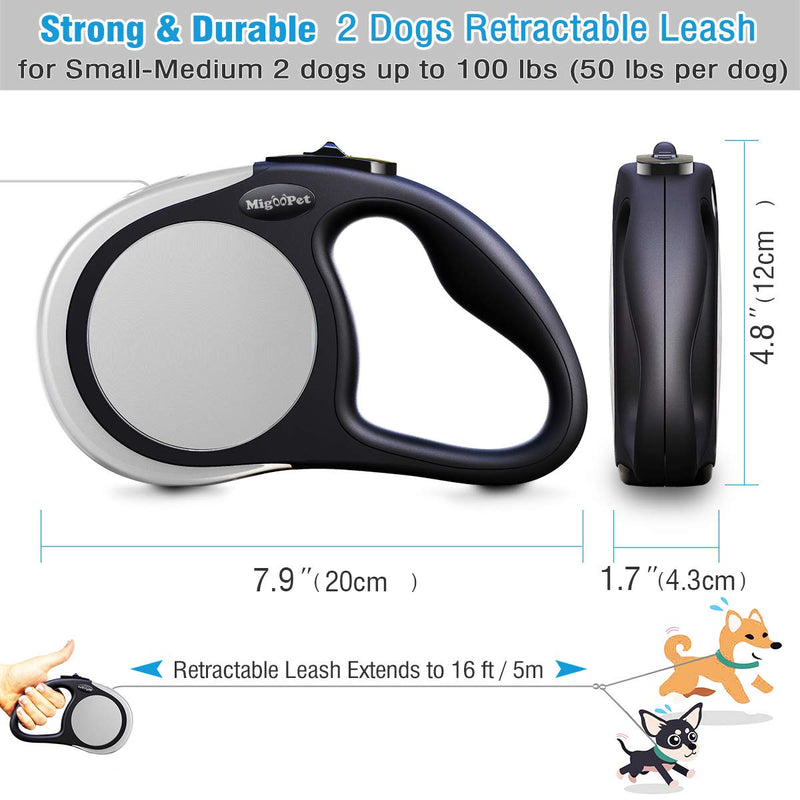 Double Retractable Dog Leash for Two Dogs Up to 50 lbs Per Dog - 16 ft - Coupler Dog Leashes for Small Medium Dogs - One Locked System, Non Slip Grip, Tangle Free (for Two Dogs, Grey) With 2 Nylon Tapes - PawsPlanet Australia