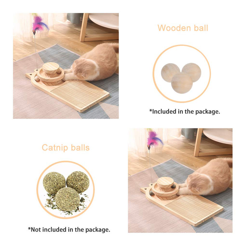 Interactive Wooden Cat Toy Two-Layer Turntable Scratching Board with Track Balls & Feather Stick, Cats Intelligence Game Multi-Functional Scratcher for Indoor Kitty’s Hunting, Chasing & Exercising - PawsPlanet Australia