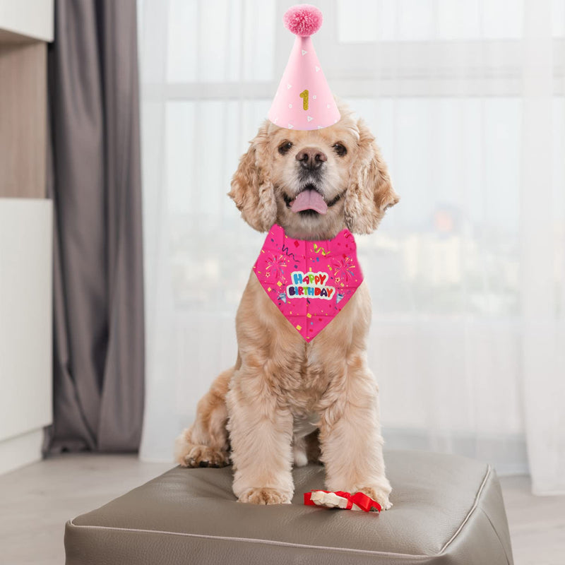 4 Piece Set Pet Birthday Party Supplies, Dog Triangle Scarf, Birthday Hat, Dog Bow Tie, Gold Pink Digital Patch, Pet Party Celebration Decorations for Small, Medium, Large Pets (Pink) A - PawsPlanet Australia