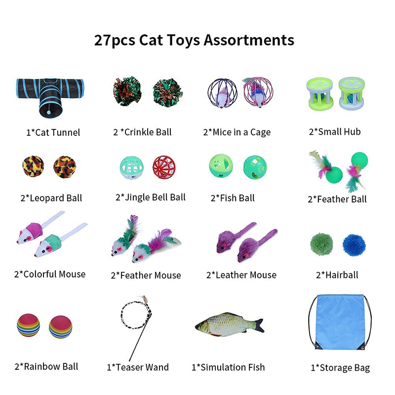 Cat Kitten Toys Set 27 PCS, Collapsible Cat Tunnels for Indoor Cats,Interactive Cat Feather Toy Fluffy Mouse Crinkle Balls Toys for Cat Puppy Kitty Kitten - PawsPlanet Australia