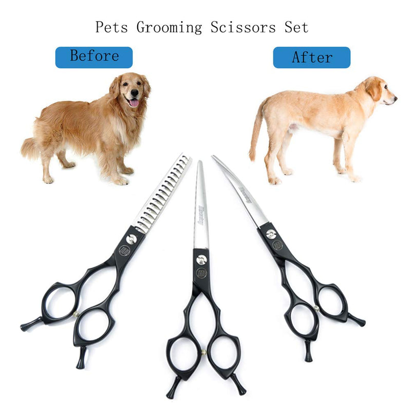 Moontay 6.5 Inch Professional Dog Grooming Scissors, Straight, Curved, Chunker Grooming Shears for Dogs, Cats, and More Pets, Lightweight, Sharp and Durable, 440 C Japanese Stainless Steel Black 3 PCS ( Straight & Curved & Chunker Scissors ) - PawsPlanet Australia