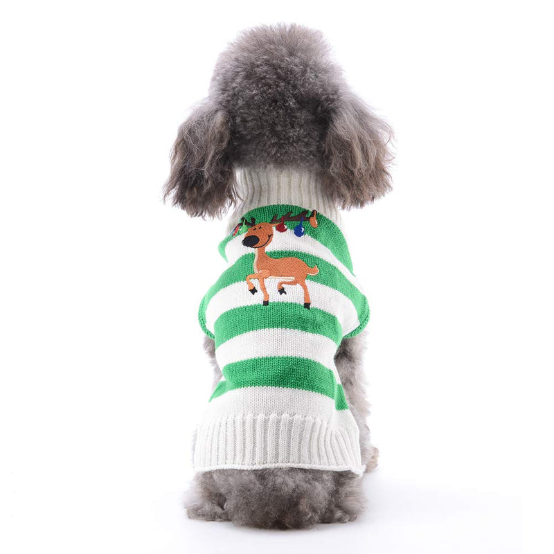 TENGZHI Turtleneck Dog Jumper - Classic Striped Christmas Reindeer Embroidered Knit Dog Sweater Coat, Warm Pet Winter Clothes Outfits for Dogs Cats X-Small Green - PawsPlanet Australia