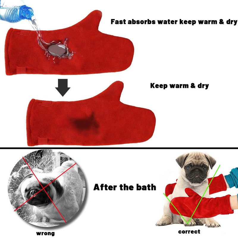 YANGWX Dog Drying Mitts, Drying Dog Towel Glove Microfiber Material Absorb Moisture and Dry Pet Quickly, Dog Drying Glove Towel Great for Drying Dog or Cat Fur After Bath- Pack of 2-Red - PawsPlanet Australia