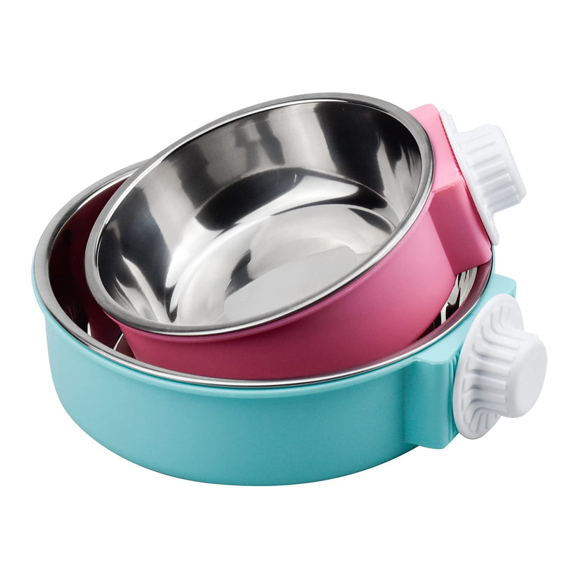 2 Pcs Pet Crate Water Bowl 2 IN 1 Pet Hanging Bowl Removable Stainless Steel Dog Bowls, Large Capacity Cat Feeding Bowls with Bolt Holder for Cats and Dogs and Other Small Animals - Blue, Pink - PawsPlanet Australia