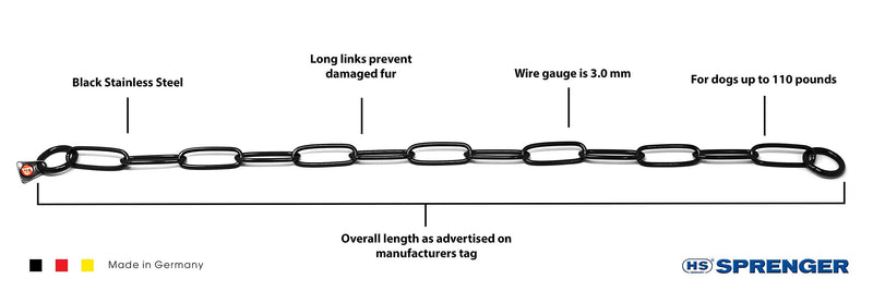 Herm Sprenger Black Stainless Steel Long Link Fur Saver Dog Training Collar No-Pull Slip Chain for Small Medium Large Dogs for Easy Control Made in Germany 20in (50cm) x 3mm - PawsPlanet Australia
