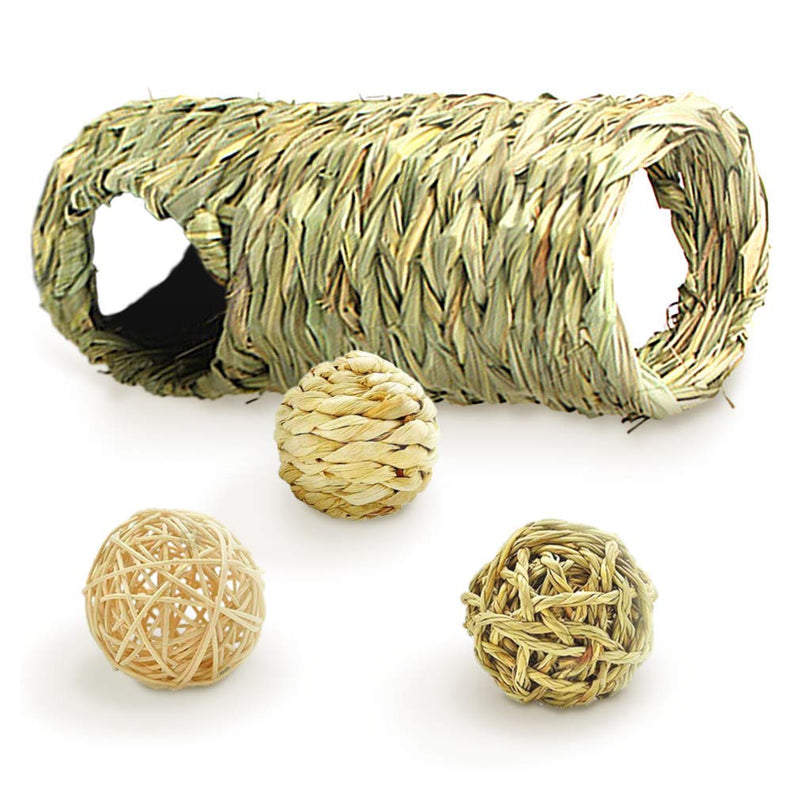 Meric Hideaway Seagrass Tunnel with Balls, 3 Fun Ball Textures, Perfect for Guinea Pig, Degu, and More, 3 Entrances Makes This Ideal for Multiple Pets, 2 Balls Have Soft Jingly Bells - PawsPlanet Australia