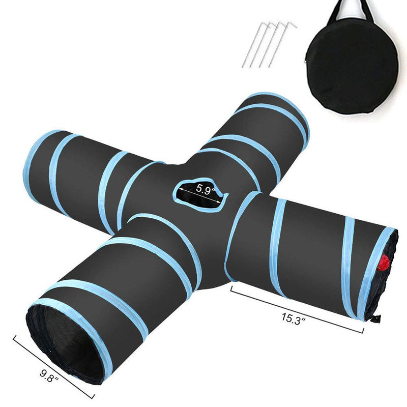 Homevibes Cat Tunnel Collapsible Pet Play Tunnel Tube Toy with a Bell Toy & a Soft Ball Toy for Cat, Puppy, Kitty, Kitten, Rabbit 4 way Blue - PawsPlanet Australia