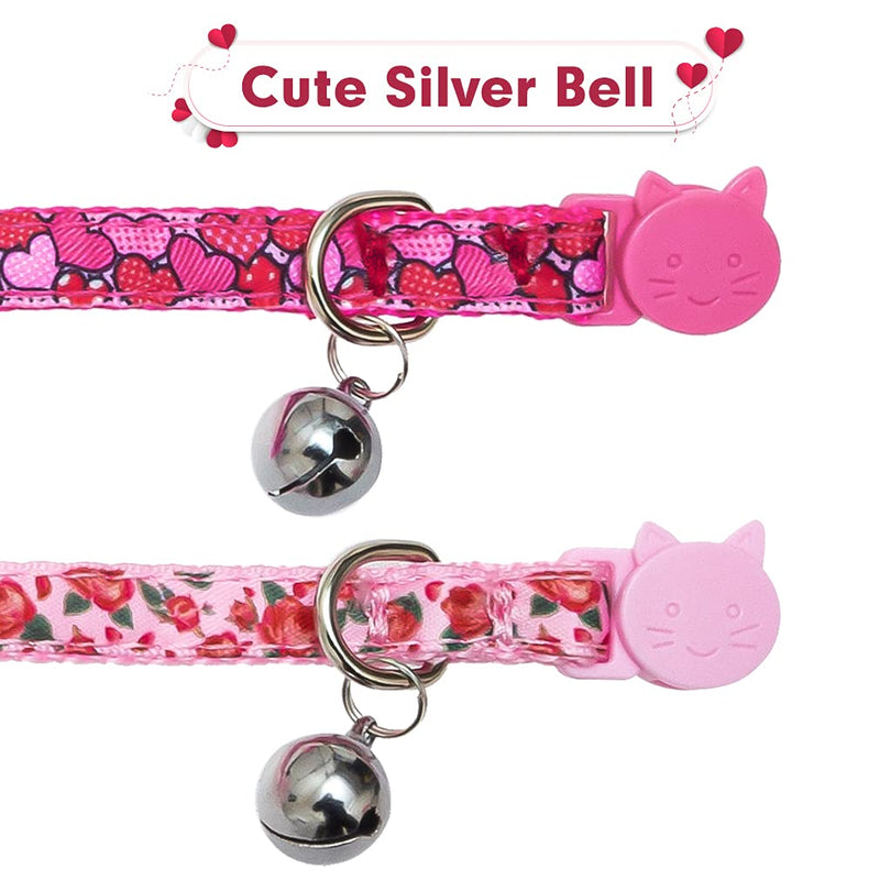 Spring Cat Breakaway Collar with Removable Flower and Bell - 2 Pack Safety Kitten Collars, Cute Pink Heart Rose Design Pink & Rose - PawsPlanet Australia