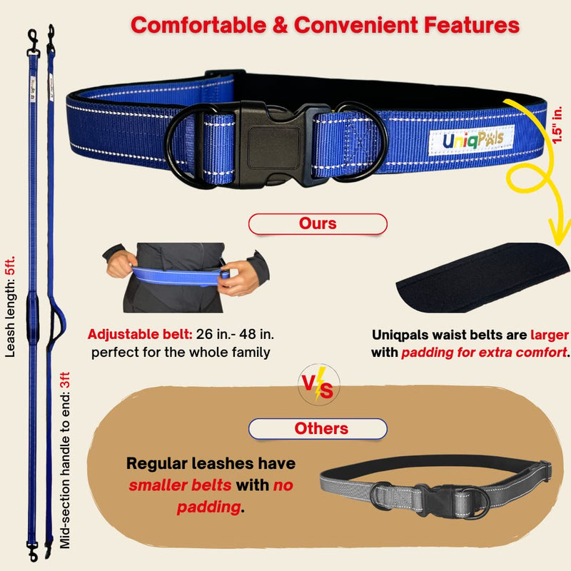 Uniqpals Hands Free Dog Leash for Medium to Large Dogs | 5 Feet Dog Leash for Walking, Running, Hiking with Heavy Duty Adjustable Waist Belt, Padded Handles, Reflective Stitching, and Carrying Bag Blue/Yellow - PawsPlanet Australia