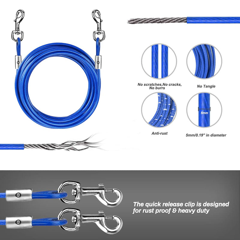 Welltop 16 ft Dog Tie Out Cable with 15" Spiral Ground Stake Spike for Dog Up to 120 lb for Playing, Camping and Backyard in Ground (Blue) Blue - PawsPlanet Australia