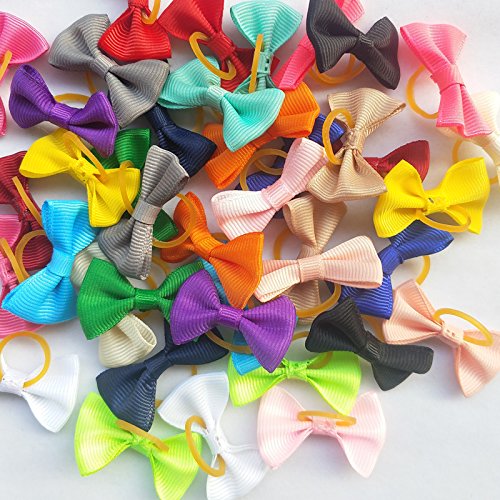 Chenkou Craft New 40pcs(20pairs) Puppy Yorkie Dog Hair Bow Pure Ribbon with Rubber Band 40mm Pet Grooming Products Mix Colors Varies Patterns Pet Hair Bows (Pure Ribbon Rubber Bow) - PawsPlanet Australia