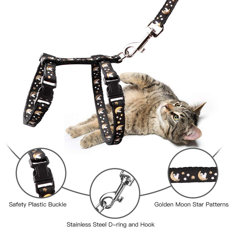 Basuppit Cat Harness and Leash Set Gold Moons Stars Soft Nylon Escape Proof Adjustable for Kittens Small Animals Glow in The Dark Black - PawsPlanet Australia