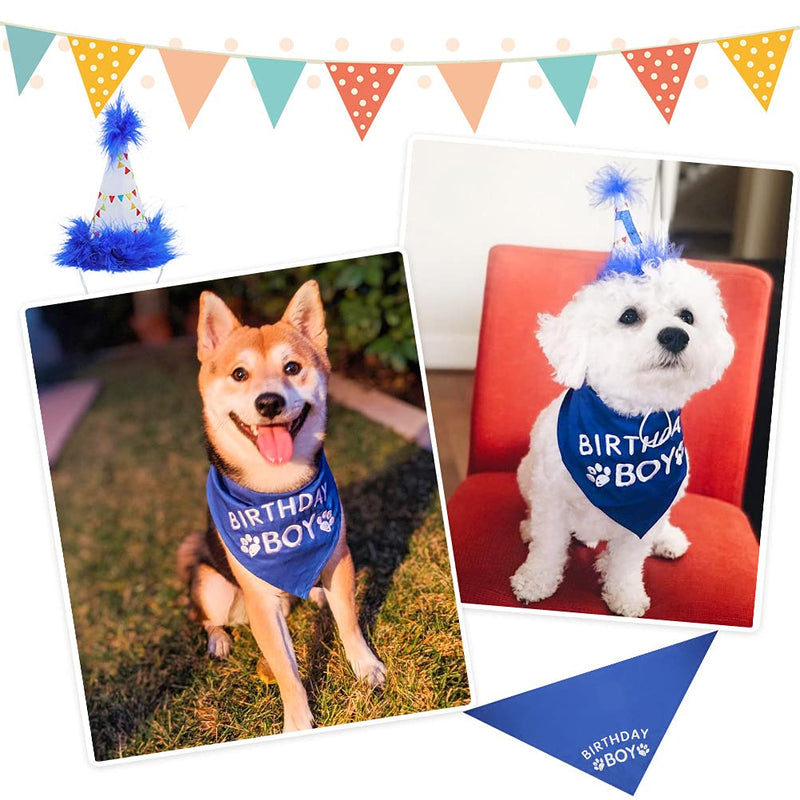 Dog Birthday Bandana Boy Scarf and Reusable Dog Birthday Hat with 0-8 Figures Blue - PawsPlanet Australia