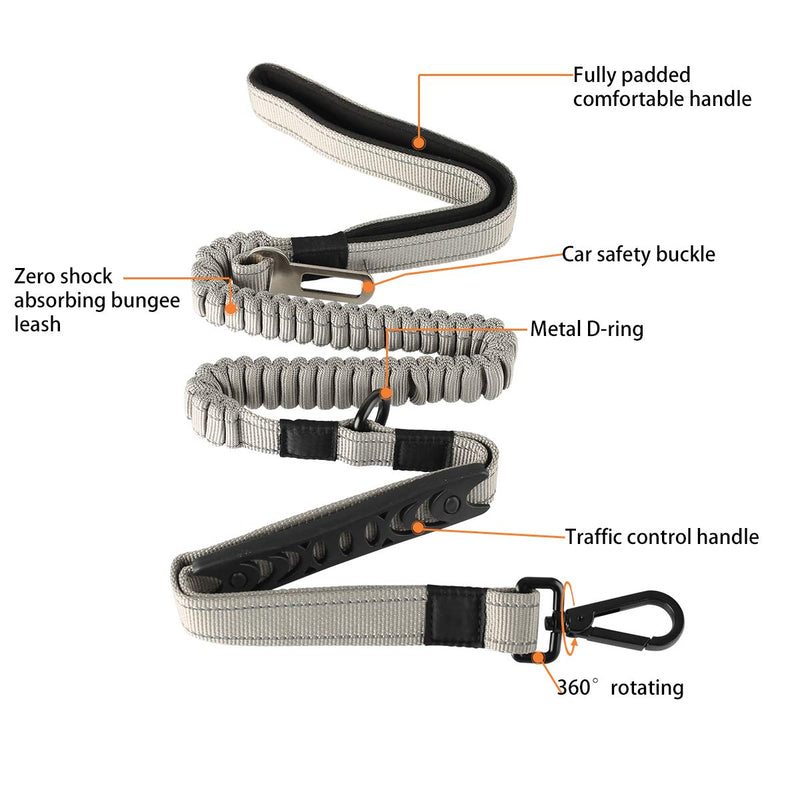 SKYMEE 5FT Bungee Dog Leash for Small Medium Dogs, Multifunction Shock Absorbing Reflective Leash with Car Seat Bucket, Double Padded Traffic Handle Extra Control for Dog Walking Running Training Grey - PawsPlanet Australia