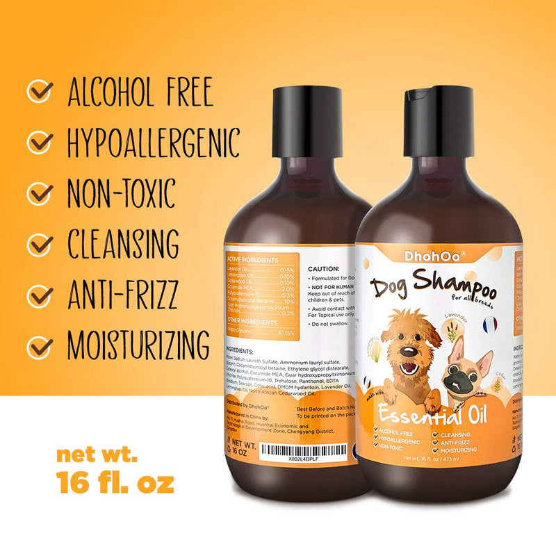 Dhohoo Dog Shampoo for Allergies and Itching with Essential Oil, Natural Ingredients Dog Shampoo for Smelly Dogs, Relief Skin Dry Itchy, Healthy Hair Growth Lavender 473ml+Brush - PawsPlanet Australia