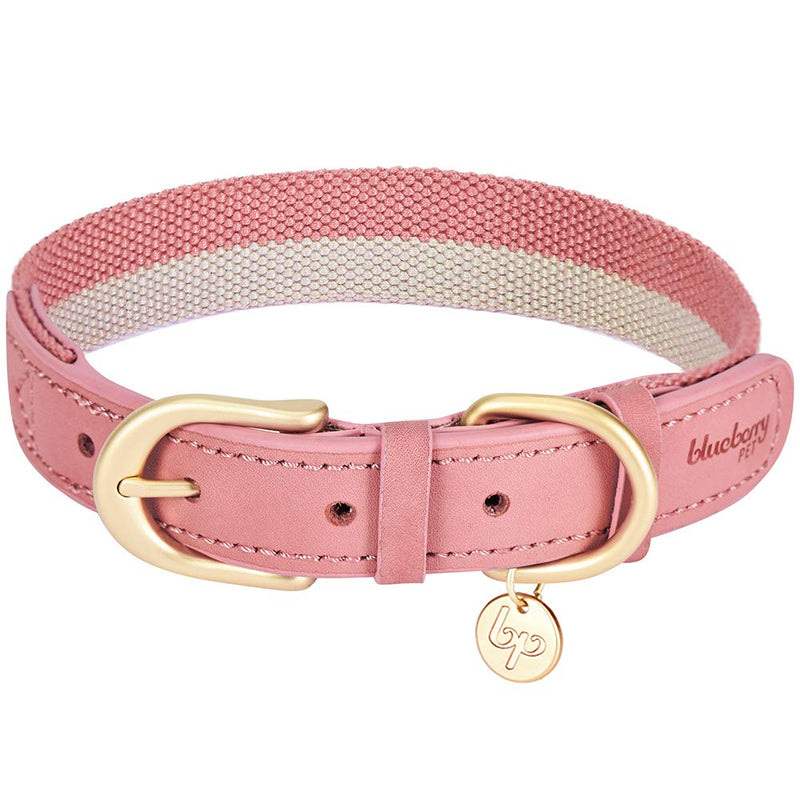 [Australia] - Blueberry Pet 11 Patterns Vintage Polyester Webbing & Genuine Leather Combo Dog Collars Leashes Collar - 1" Wide * (18"-22") Neck Pink & Grey 