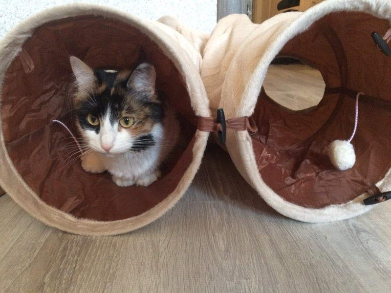 LeerKing Cat Pet Tunnel Toy Suede Collapsible Tunnels with 2 Holes and Suspended Ball for Small Pet Animal, 10 * 47 Inches - PawsPlanet Australia