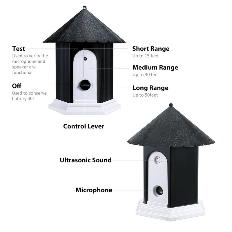 [Australia] - Bofunuo Ultrasonic Dog Bark Control Outdoor Dog Anti Bark Preventive Stop Barking Device Cute Bird House Box Design Waterproof for Home Garden Hanging Battery Operated 