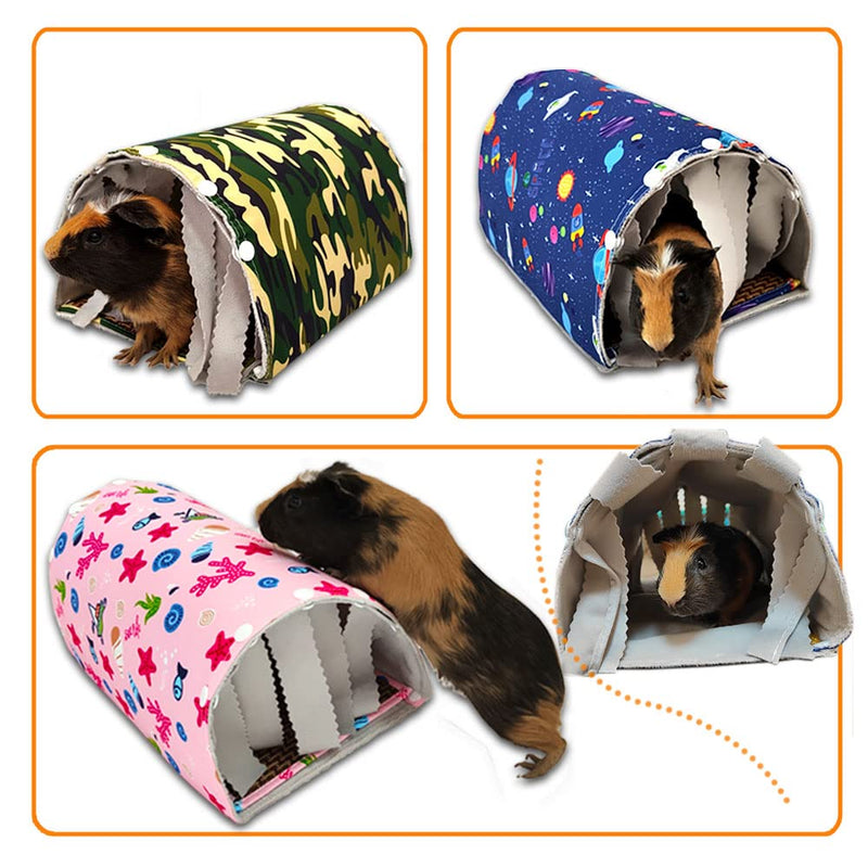 GINIDEAR Guinea Pig Hideout Tunnel Toys Accessories Small Animal Tunnel for Chinchillas, Hedgehogs, Rats and Dwarf Rabbits with Fleece Forest Curtains and Detachable Mats 11" x 7.5" x 6" Camo Green - PawsPlanet Australia