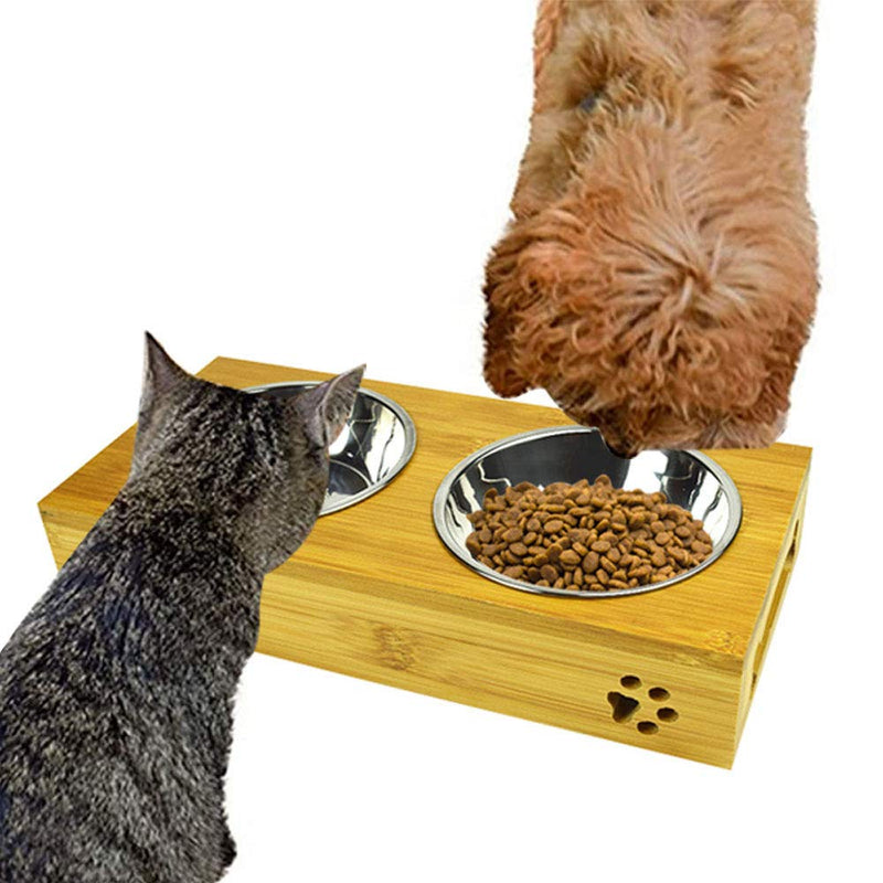 MIGHTYDUTY Raised Pet Bowls Food and Water with 2 Stainless Steel Bowls Dog Cat Elevated Bamboo Non-Slip Stand Feeder Dishes L - PawsPlanet Australia