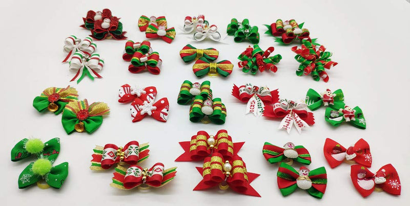 Hixixi 24pcs/12pairs Pet Dog Cat Christmas Designs 3D Hair Bows for Xmas Holidays Puppy Grooming Hair Accessories with Rubber Bands - PawsPlanet Australia