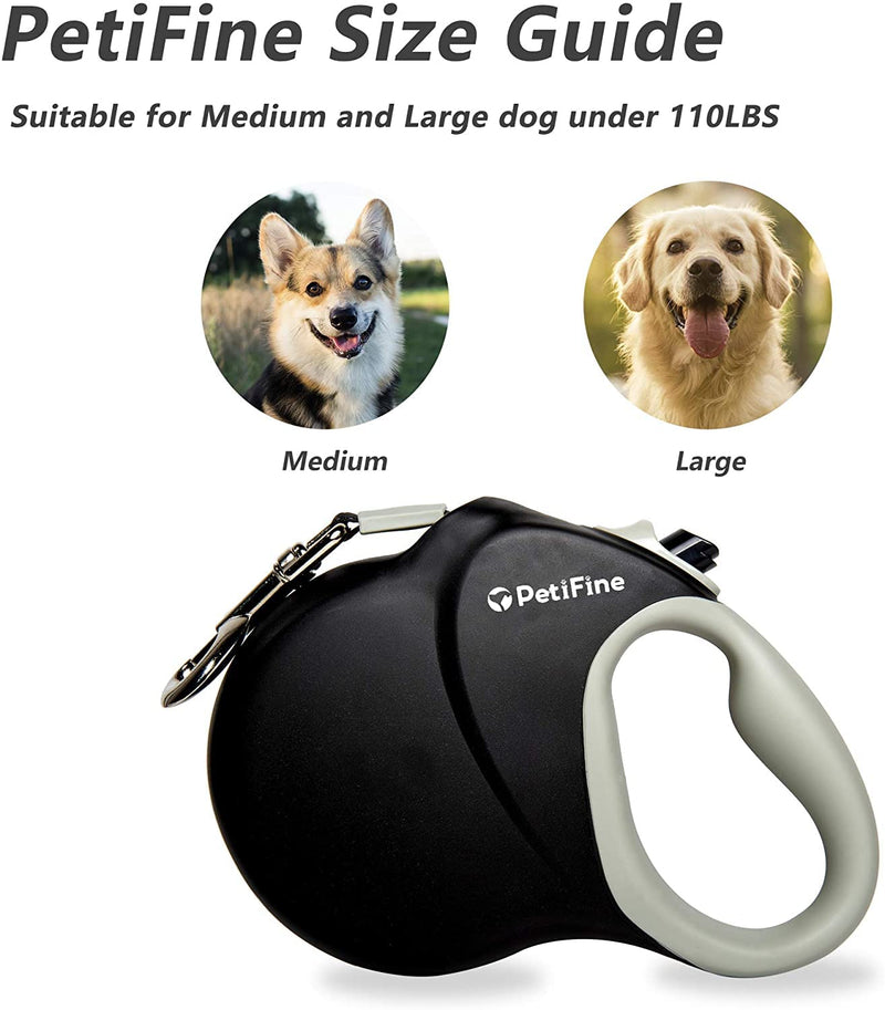 PetiFine 26ft/8m Heavy Duty Retractable Dog Leash for Large Dogs,Strong Extendable Dog Leash Up to 110 lbs, Reflective Nylon Tape Tangle Free(Black) - PawsPlanet Australia