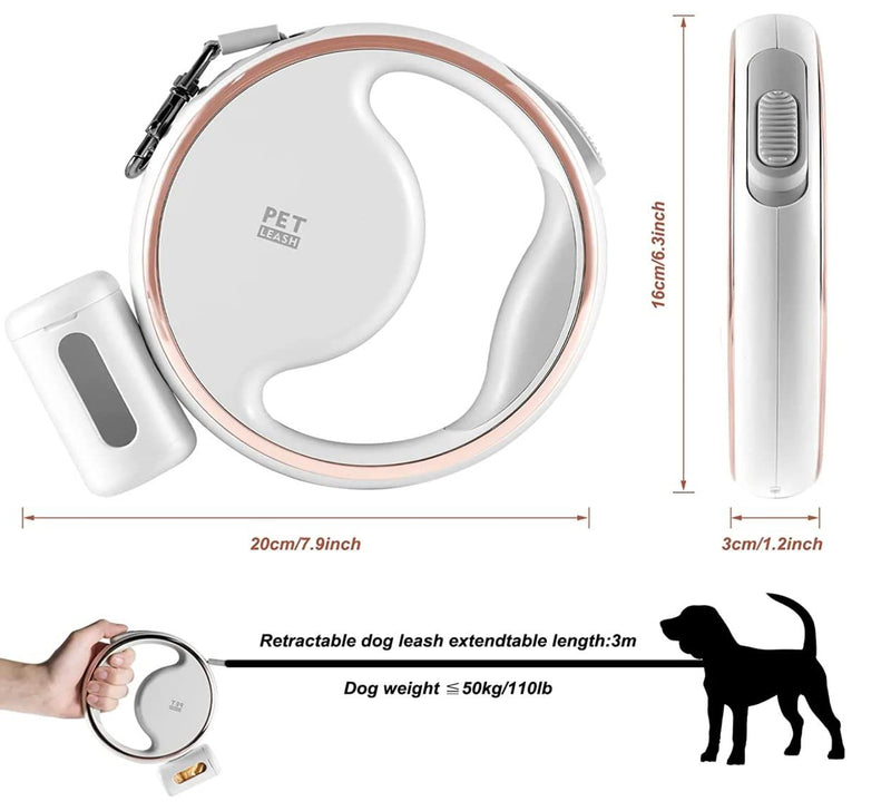 Retractable Dog Leash with Light and Poop Bag Holder (1 Bag Included) for Small and Medium Dogs, Non-Slip Handle, 10 ft Nylon Retractable Luminous Leash for Dogs up to 60 LBS K9Pro Premium (White) - PawsPlanet Australia