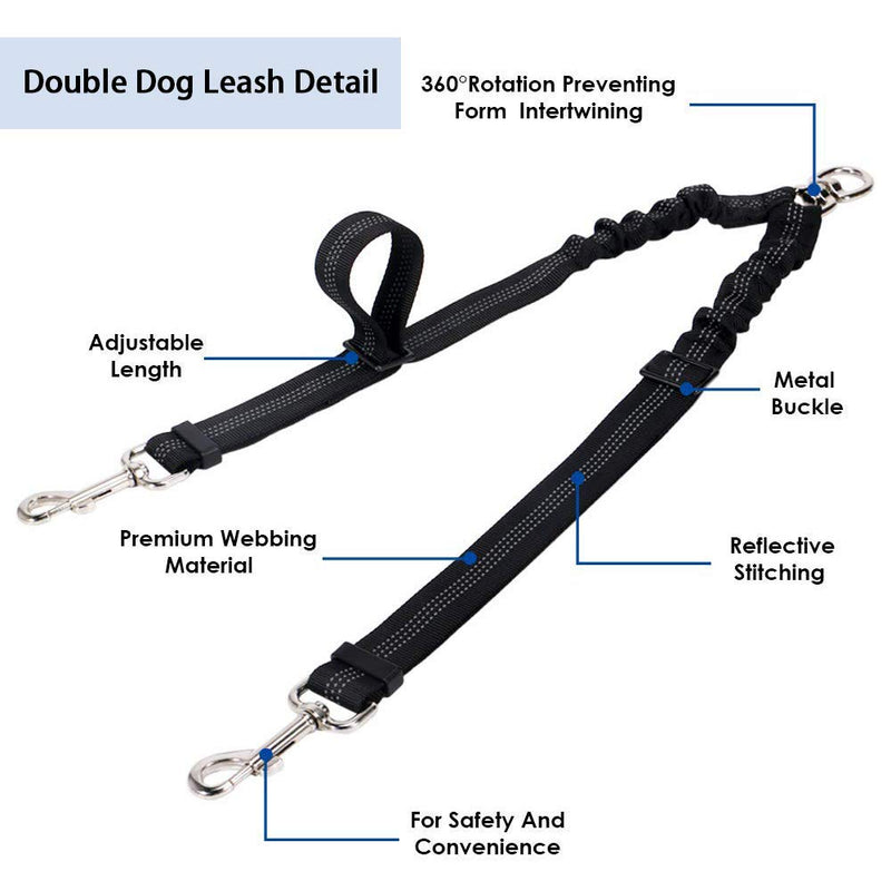 Kelivi Double Dog Lead Coupler, No Tangle 360°Swivel Rotation Two 2 Dog Lead Splitter, Heavy Duty Adjustable Bungee Reflective Dual Dog Leash for Walking Puppy Small Medium Large Dog (Black) Black - PawsPlanet Australia