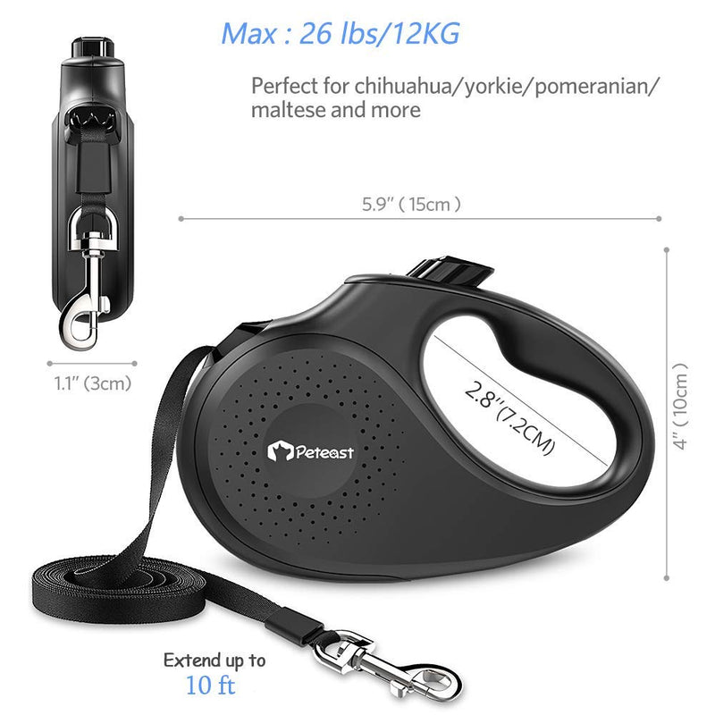 [Australia] - Peteast Retractable Dog Leash, 360° Tangle Free, Heavy Duty 10/16 ft Pet Walking Leash with One-Handed Brake/Pause/Lock for X-Small/Small/Medium/Large Dog or Cat Black 