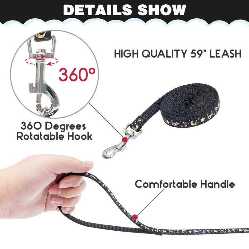 Cat Harness with Leash and Collar Set - Escape Proof Adjustable H-shped Cat Harness with Star and Moon Pattern Glow in The Dark for Kitty Outdoor Walking Black - PawsPlanet Australia