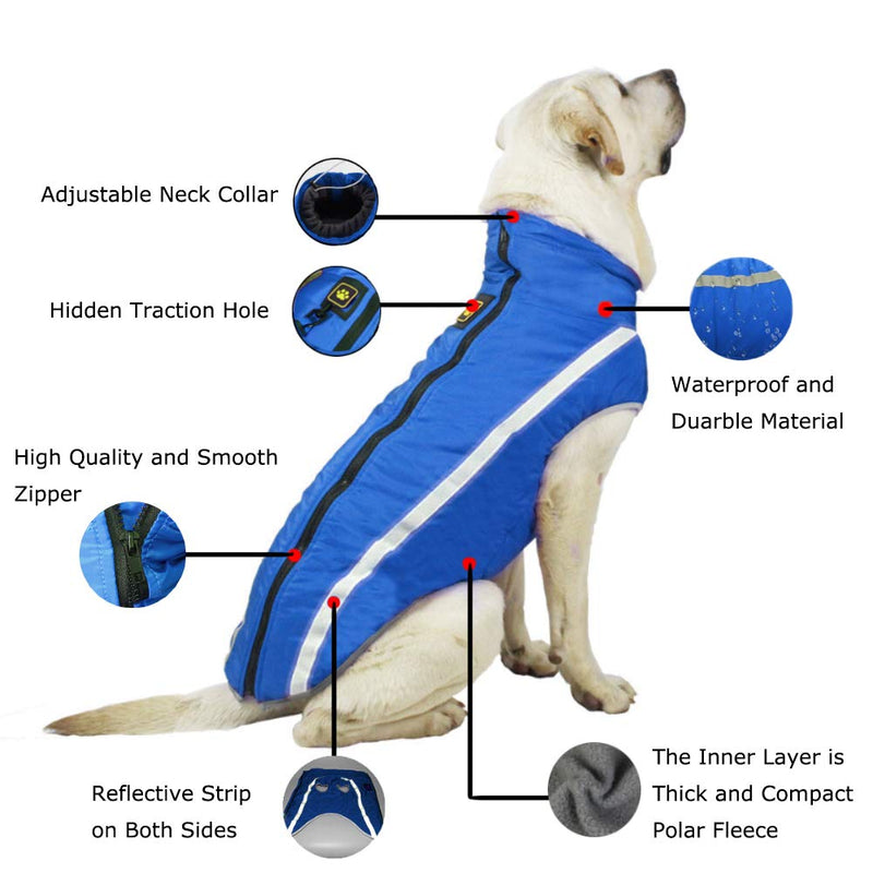 FEimaX Dog Coat Waterproof Windproof Pet Warm Jacket Outdoor, Puppy Reflective Adjustable Outfit Vest Cold Winter Clothes for Small Medium Large Dogs - Soft Fleece Cotton Lined, with Harness Hole 4XL Blue - PawsPlanet Australia