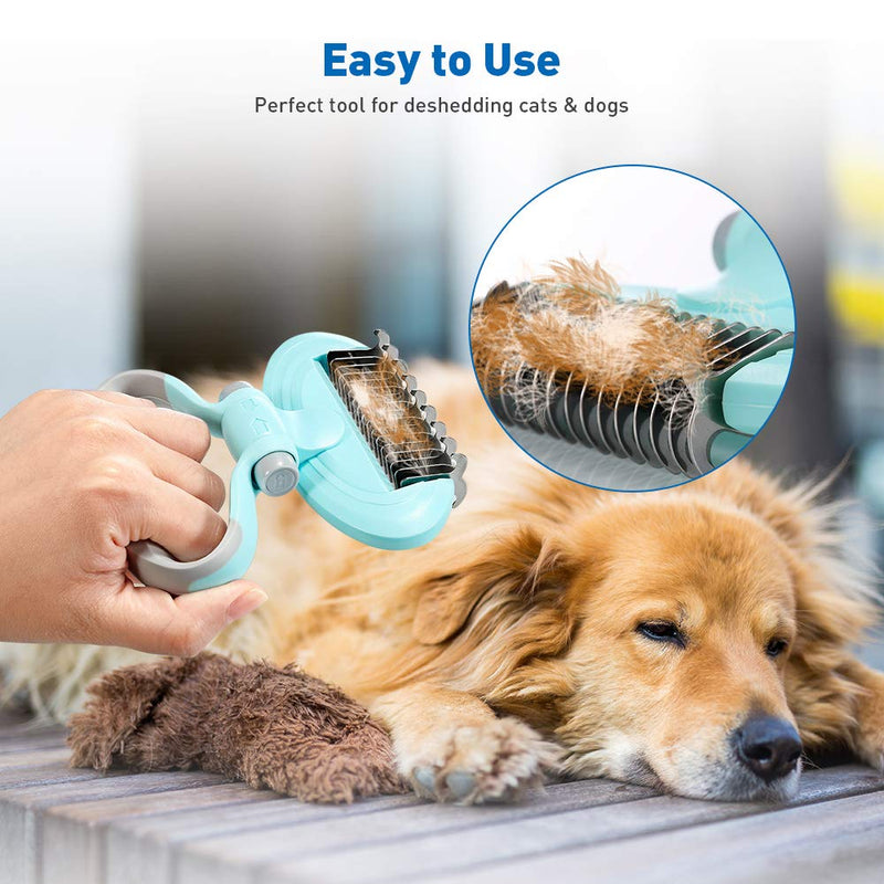 [Australia] - Dog Dematting Comb, Pet Grooming Tool Deshedding Brush Double-Sided Teeth Blade Undercoat Rake with Adjustable Handle, for Removing Undercoat Knots Mats and Tangles, for Long Short Curly Silky Hair 