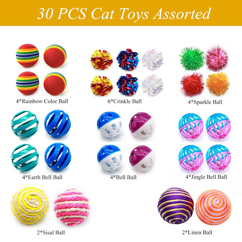 LASOCUHOO Cat Toys, Kitten Cat Ball Toys Assortments, Including Rainbow Ball, Crinkle Ball, Sparkle Ball, Bell Balls, Sisal Ball, Linen Ball for Cats and Kitten 30 PCS - PawsPlanet Australia