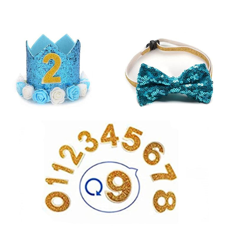 Elionless Pet Birthday Hat, Dog Birthday Crown Hat and Bowtie with 0-9 Figures Charms Party Accessories for Small Medium Dogs Cats (BLUE) BLUE - PawsPlanet Australia