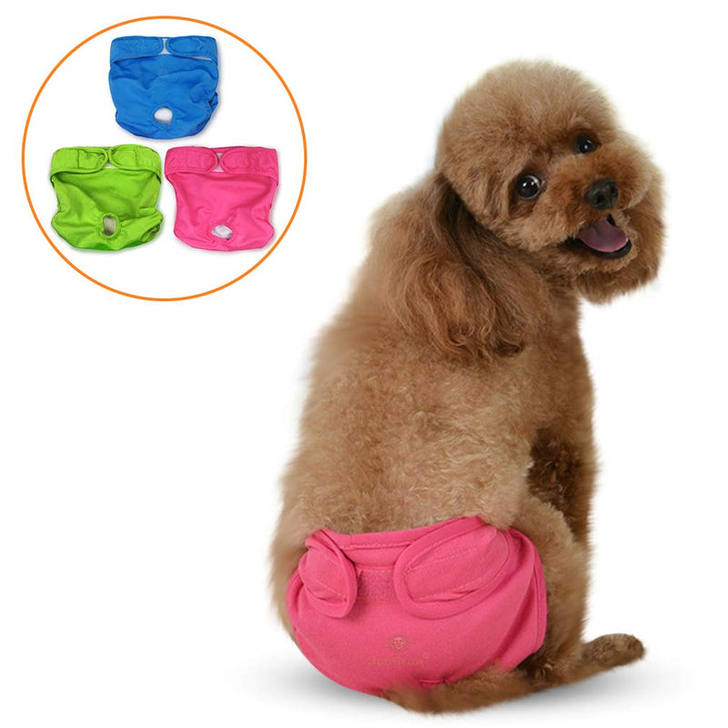 [Australia] - SunGrow Washable Dog Diapers, Fits 9-15 Inches Waist, Red, Green and Blue Color, Reusable, Dry Easily Soft Fabric, Elastic Waist, Easy to Use Touch Fastener, Pack of 3 