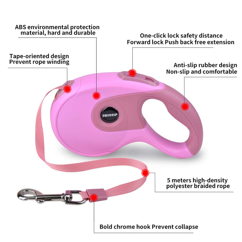 [Australia] - SWIHELP 16 ft Dog Leash Retractable, Pet Leash for Small Medium Large Dogs Up to 40 KG with One Button&Lock System for Training, Walking, Jogging (Pink) 