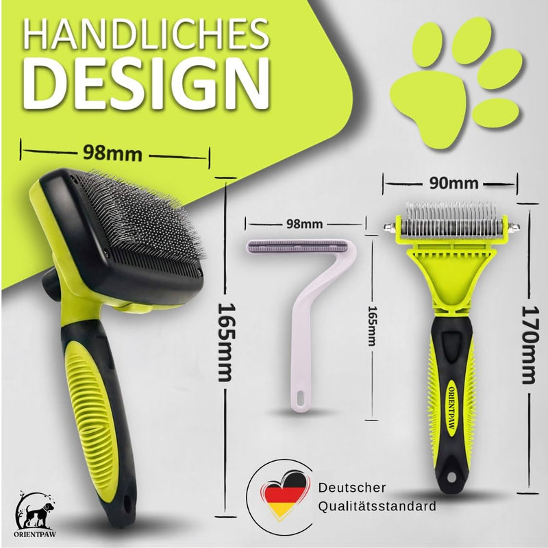 ORIENTPAW® professional cat brush set of 3 - cat care set - 100% comfort and hygiene thanks to rounded massage bristles - self-cleaning cat fur brush for short hair and long hair - undercoat brush for cats NATURAL GREEN - PawsPlanet Australia
