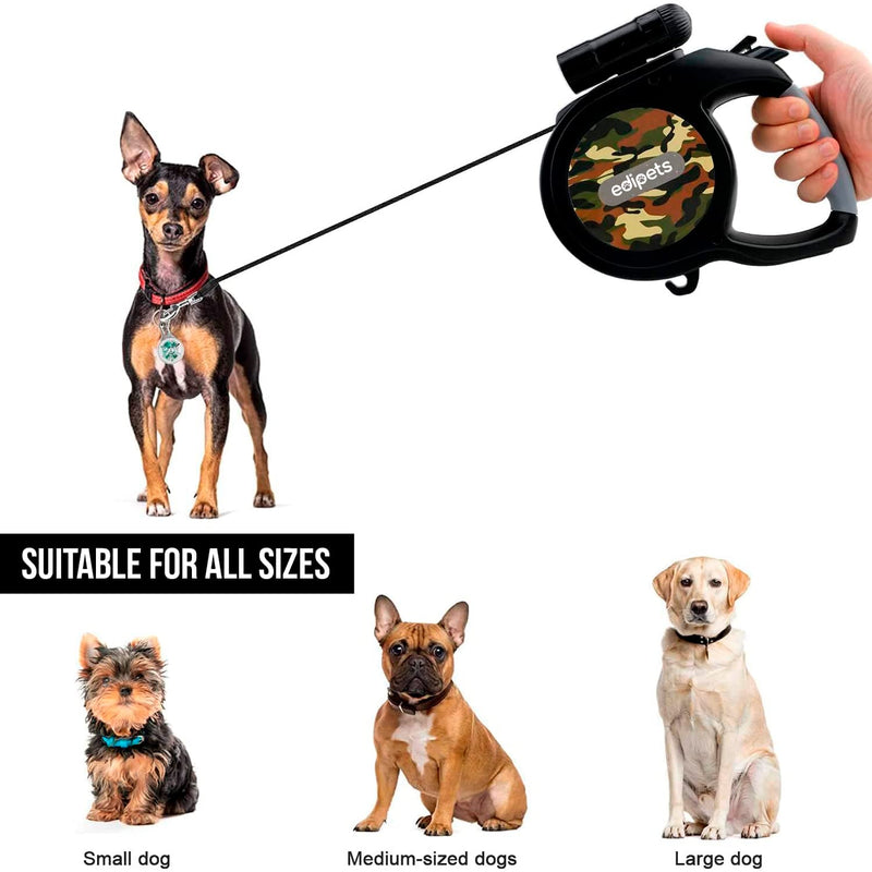 EDIPETS, Extendable and Retractable Dog Lead with LED Flashlight, Flexible Dog Lead for Training and Walking, Military Camouflage - PawsPlanet Australia