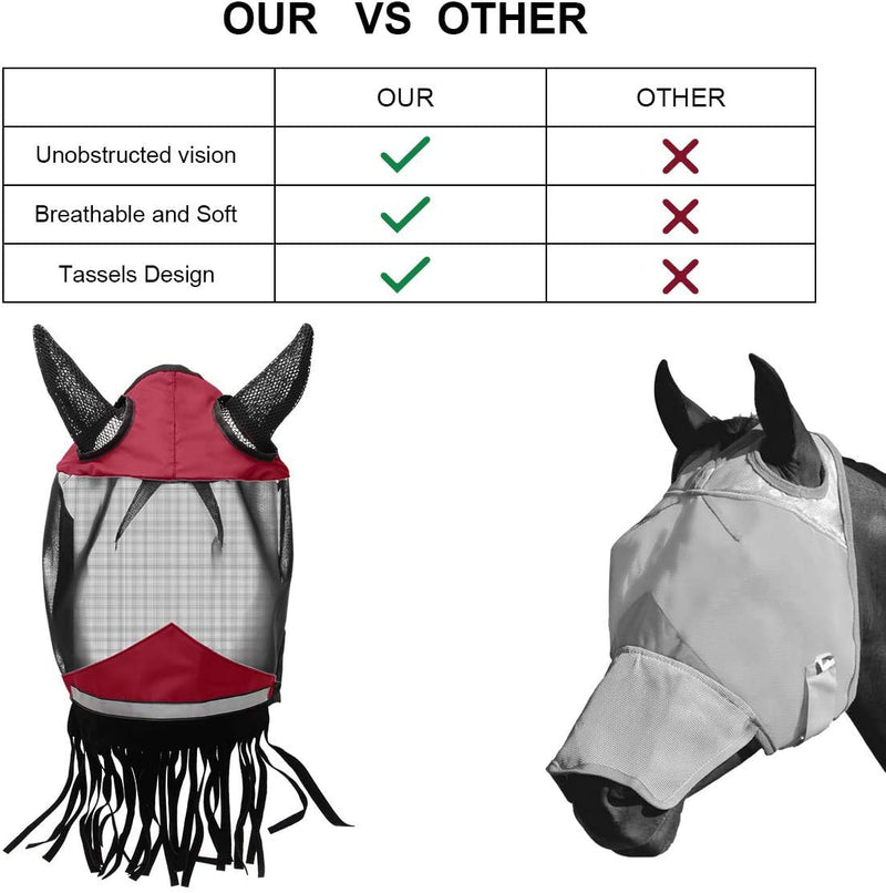 Luxiv Horse Fly Mask with Ears, Fly Mask with Nose Fringe for Horse Breathable Mesh Horse Fly Mask with Ears and Nose Fringe Red and Black - PawsPlanet Australia