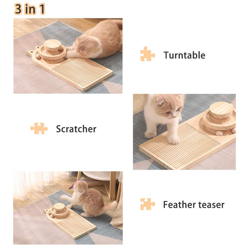 Interactive Wooden Cat Toy Two-Layer Turntable Scratching Board with Track Balls & Feather Stick, Cats Intelligence Game Multi-Functional Scratcher for Indoor Kitty’s Hunting, Chasing & Exercising - PawsPlanet Australia