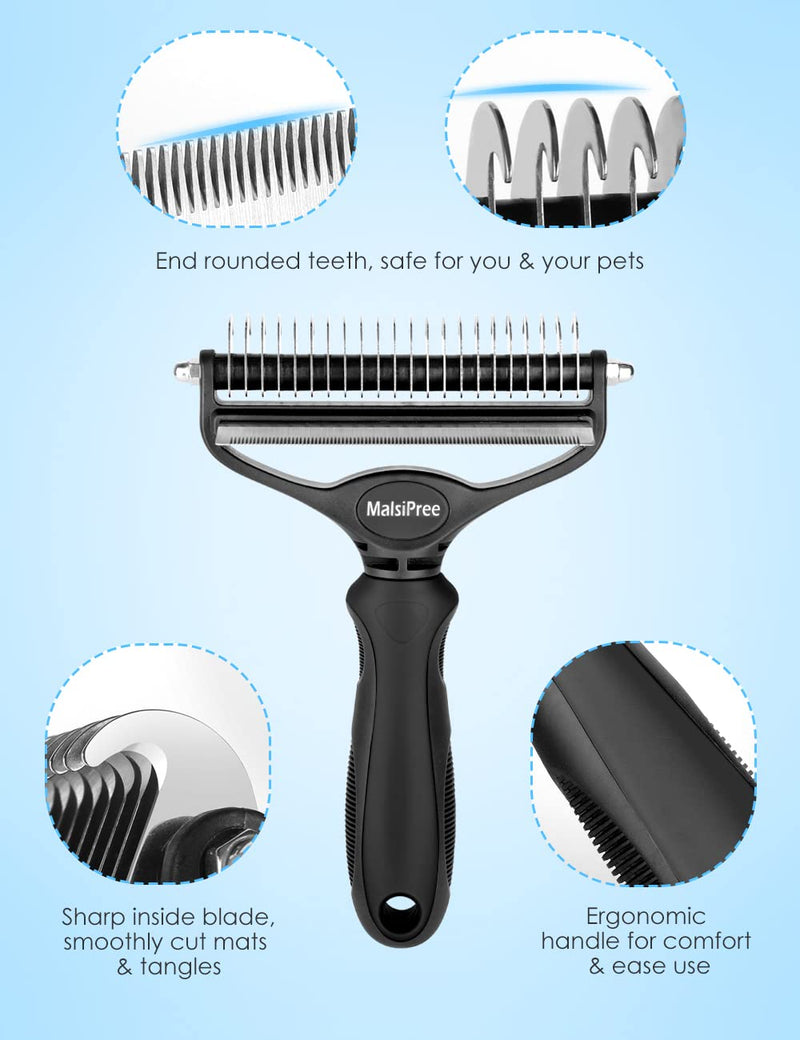 Dog Brush & Cat Brush - MalsiPree 2-Side Professional Pet Grooming Tool for Shedding Medium to Long Hair, Dematting Combs for Dogs & Cats Deshedding, Mats & Tangles Removing(Black) L Black - PawsPlanet Australia